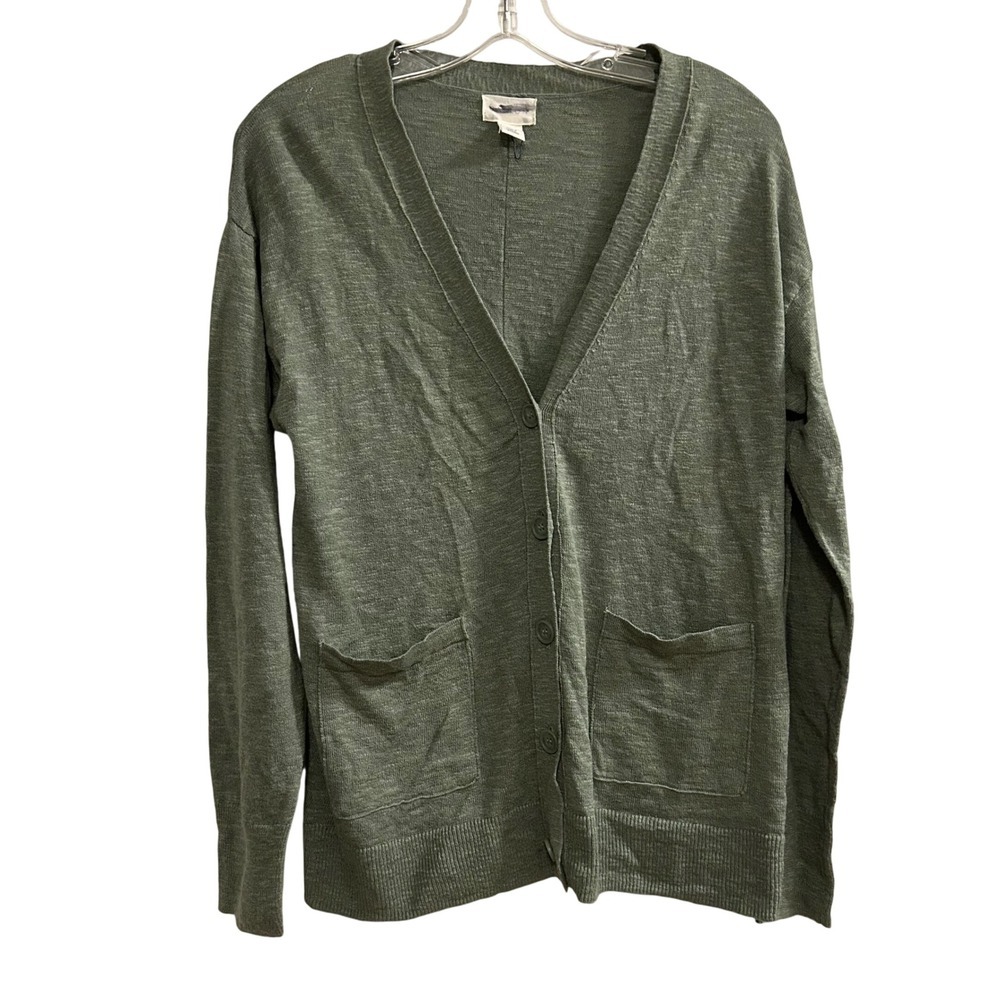 Caslon Cardigan Olive Green Linen Cotton Blend Long Sleeve V Neck Pockets Size S